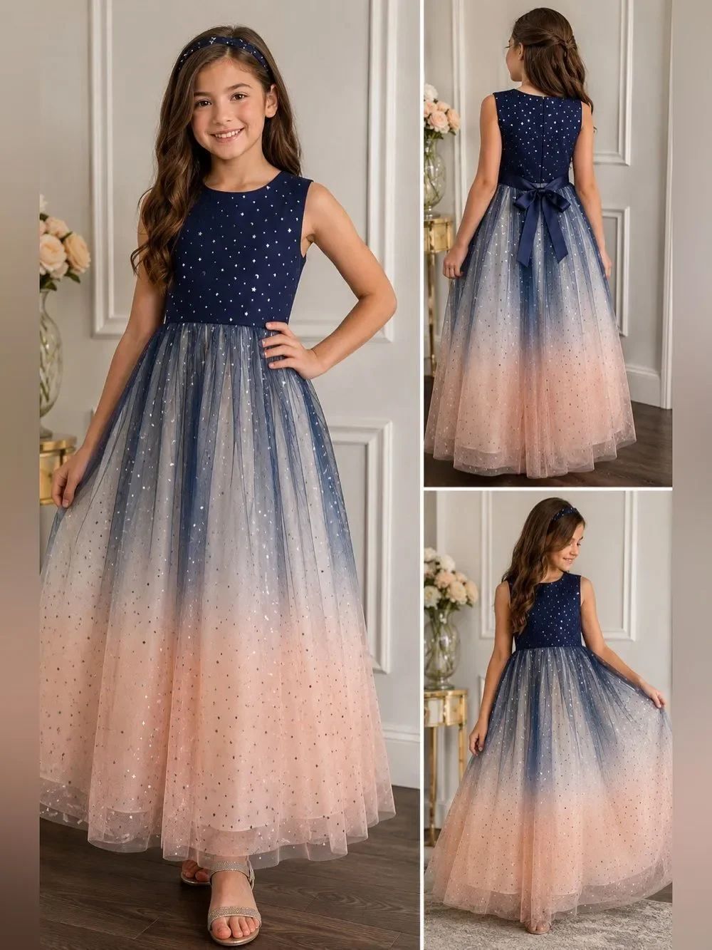 Girls Celestial Star & Moon Ombre Tulle Formal Dress Floor